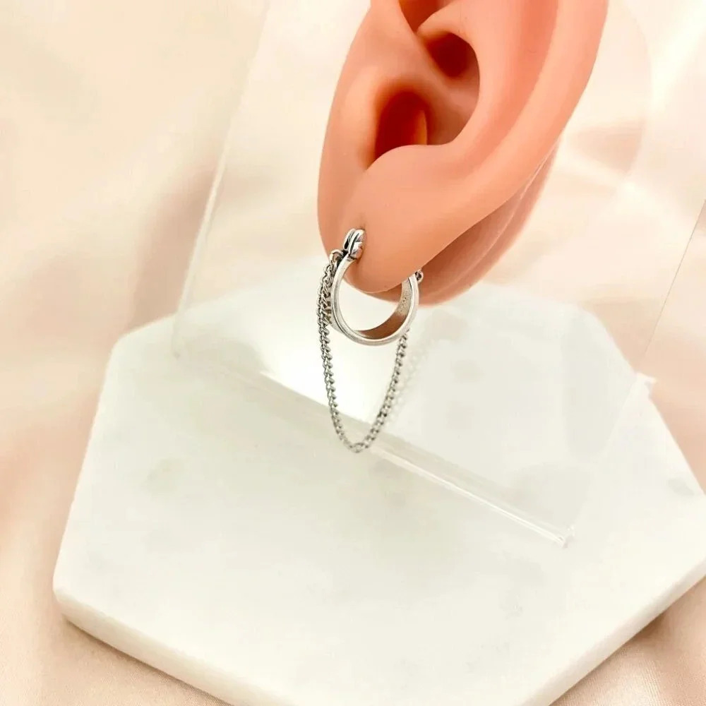 925 Sterling Silver Dangle Chain Hoop Earrings Small Silver Hoops Modern Hoops - Picture 2 of 4